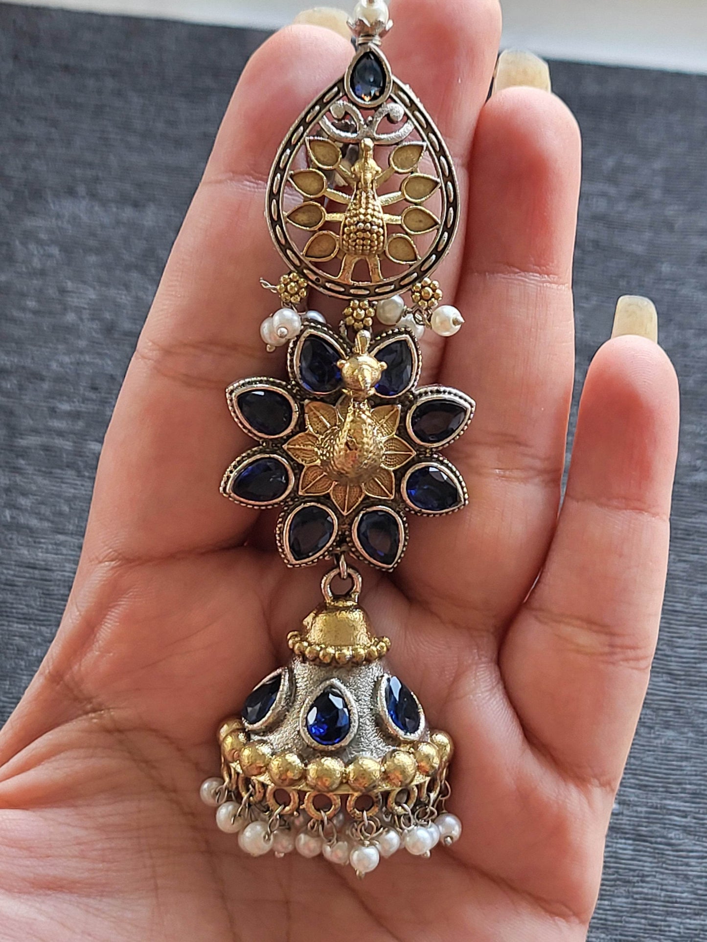 Oxidized Peacock motif long earrings - Mirae