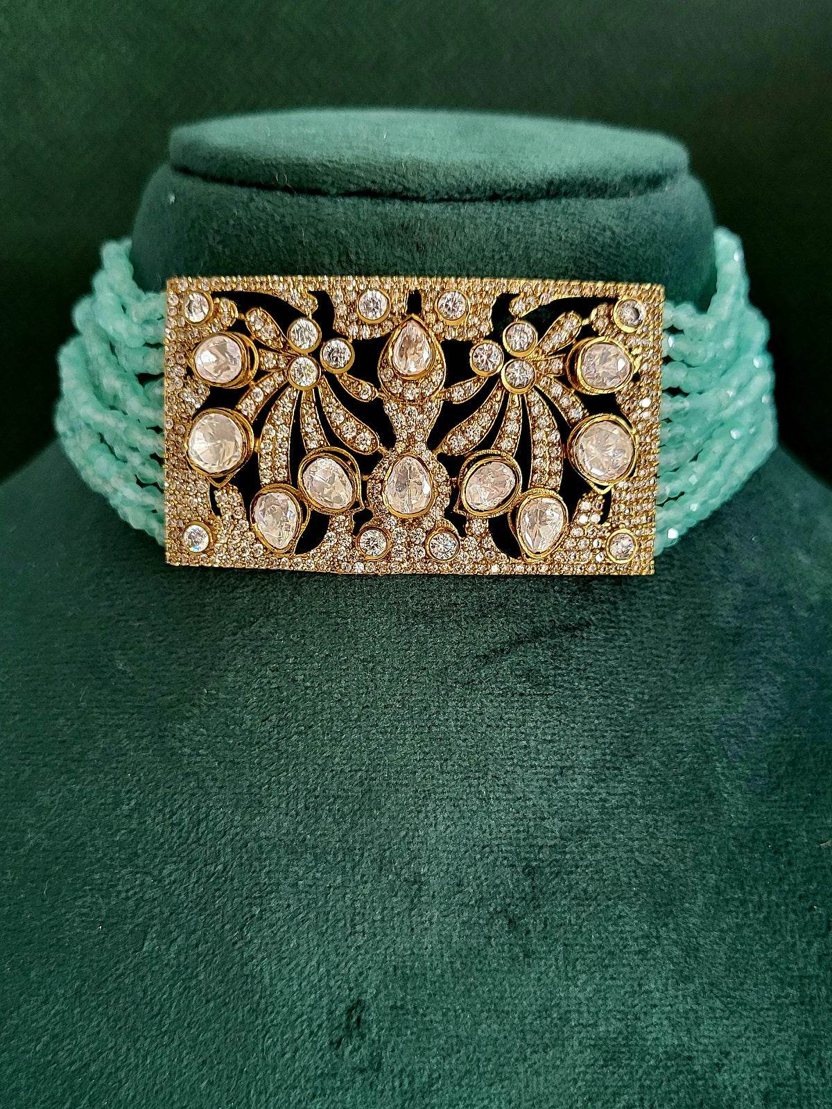 Regal Victorian Design Rectangular Choker Set with Mint Bead Strand - Mirae 