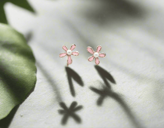 Pink Flower and Pearl Mini Stud Earrings - Mirae 