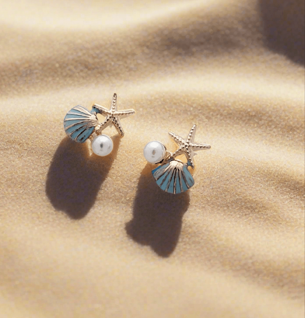 Seashell, Starfish, and Pearl Mini Stud Earrings. - Mirae 