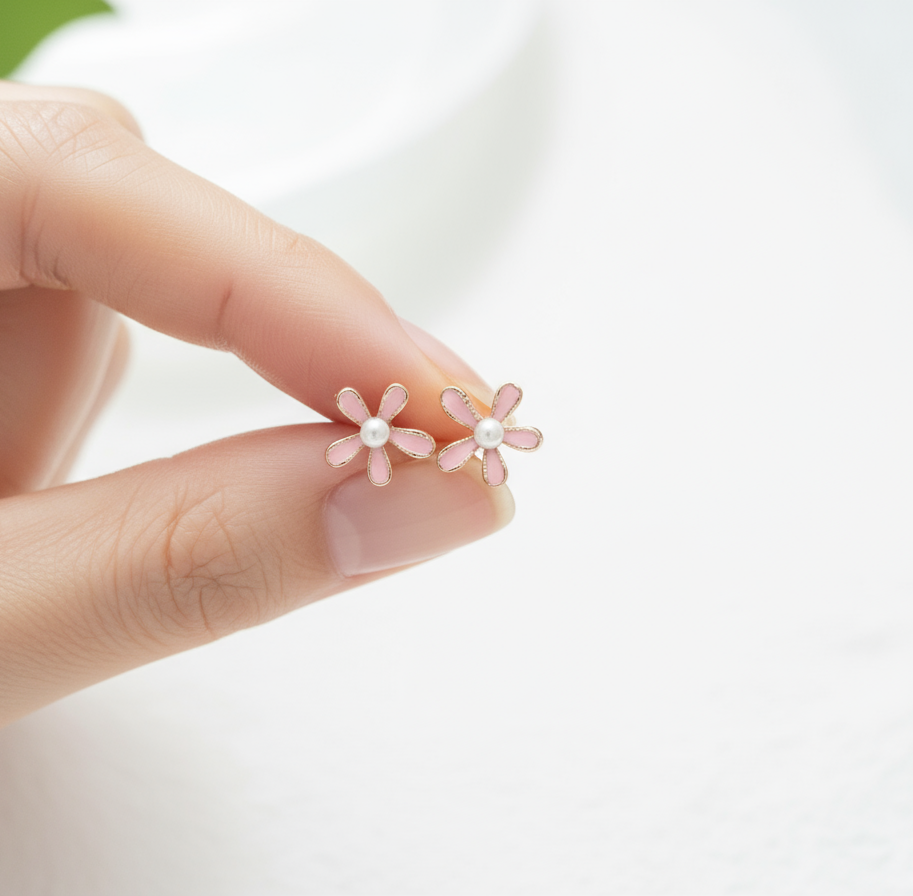 Pink Flower and Pearl Mini Stud Earrings