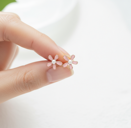 Pink Flower and Pearl Mini Stud Earrings