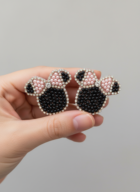 Minnie Mouse Inspired Beaded Earrings with Crystal Bow