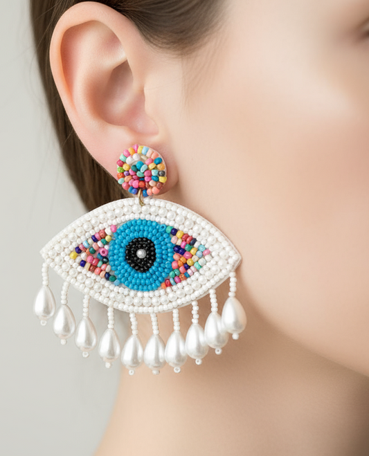 Evil Eye Beaded Dangle Earrings with Pearl Drops