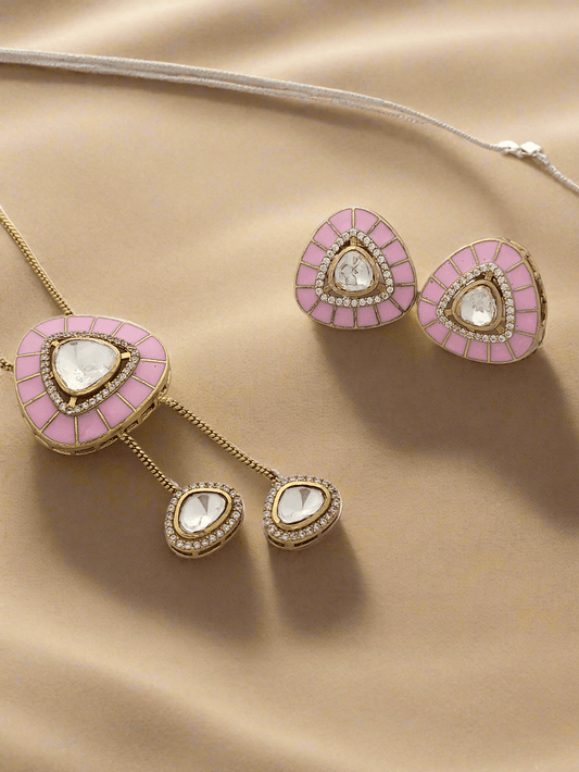 Pink enamel Lariat necklace & earring set - Mirae 