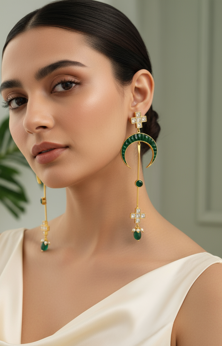 Emerald Crescent & Crystal Drop Earrings