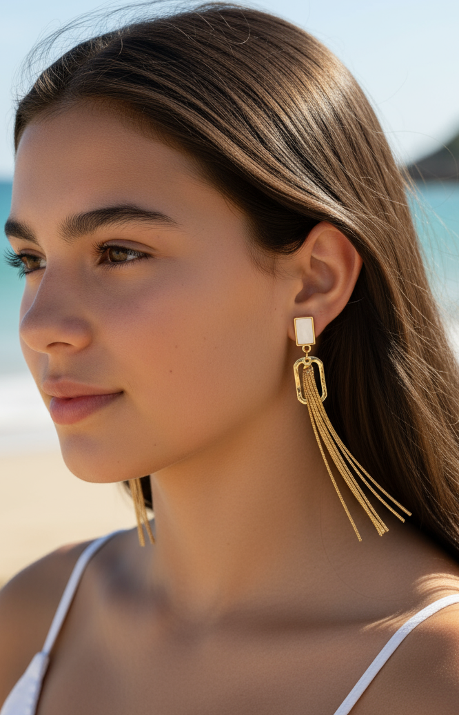Modern Rectangular white stone & Chain Tassel Earrings