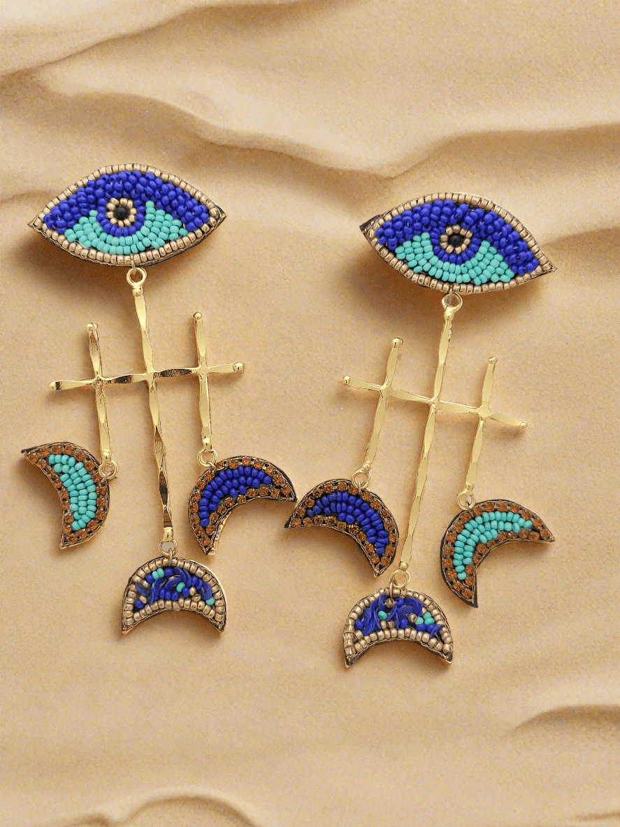 Evil Eye Beaded Dangle Earrings with Crescent Accents - Mirae 