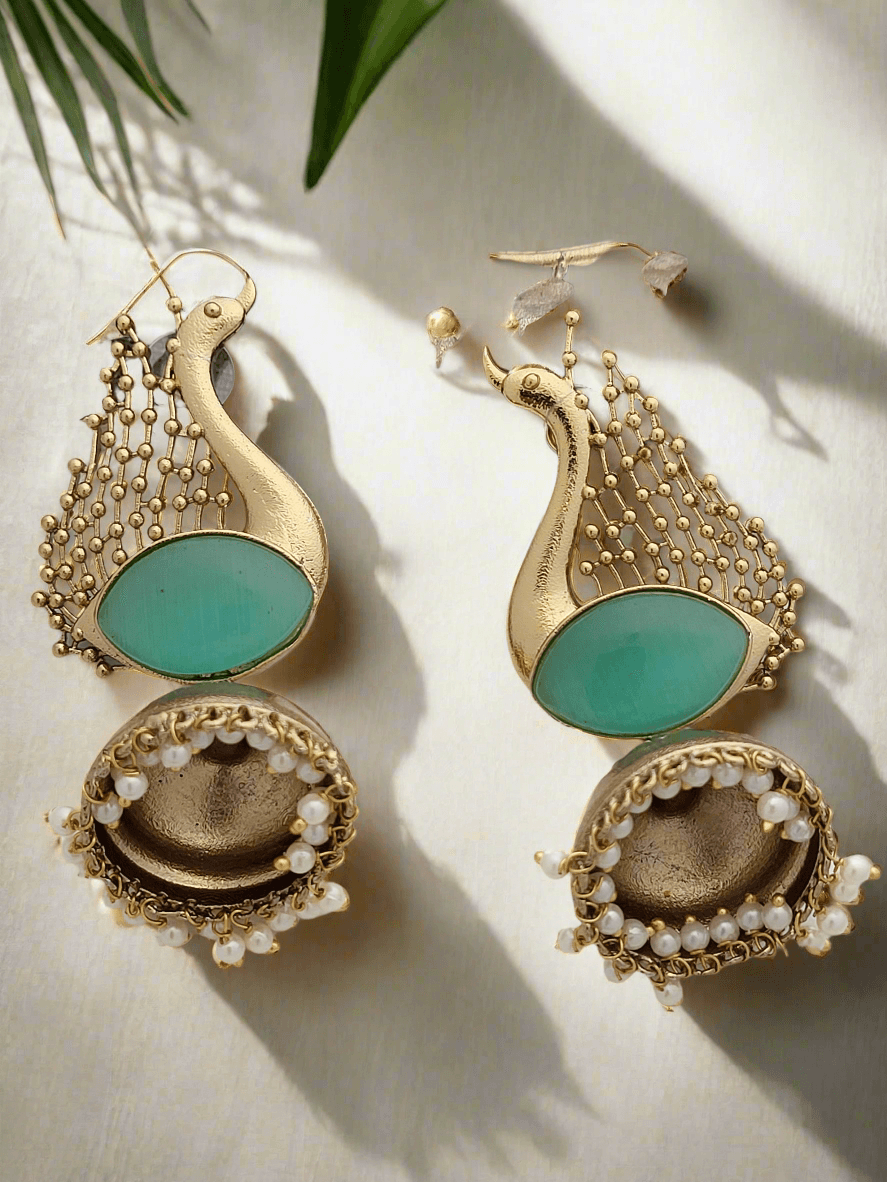 Peacock Motif Jhumkas in gold finish - Mirae 