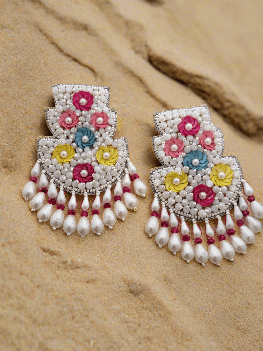 Beaded Chandbali Earrings with Floral Accents and Pearl Drops - Mirae 