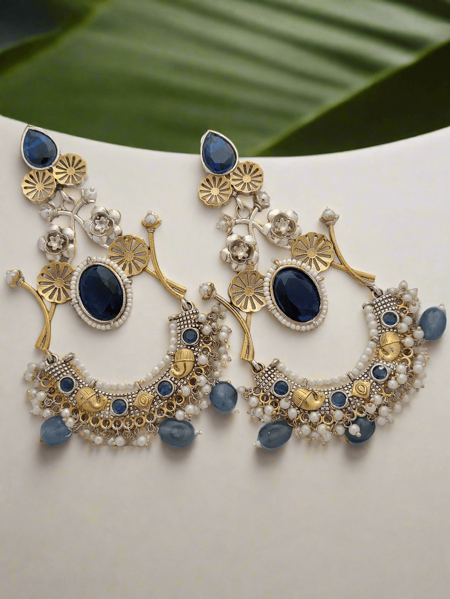 Two-Tone Dangle Earrings with colored Stones and Pearl Accents - Mirae 