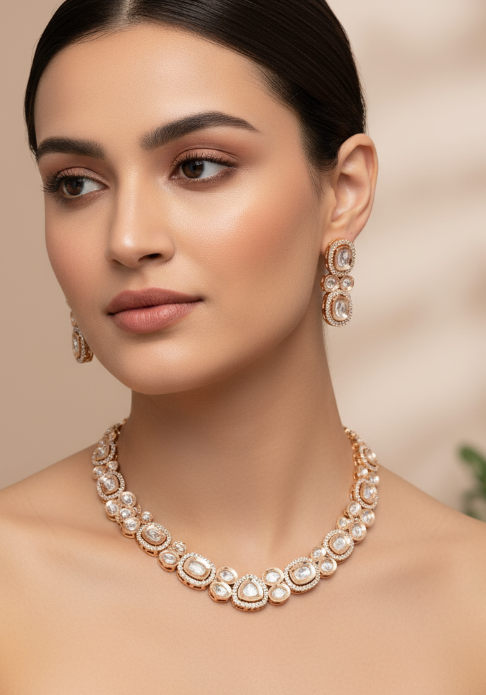 MODERN AND DELICATE REVERSE KUNDAN SINGLE LINE NECKLACE SET