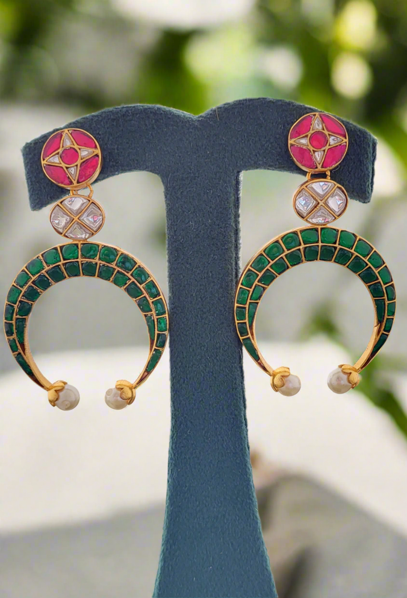 Crescent Moon & Gemstone Drop Earrings