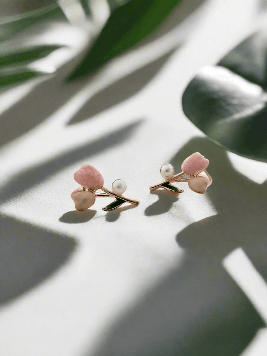 Pink Tulip and Pearl Mini Stud Earrings - Mirae 