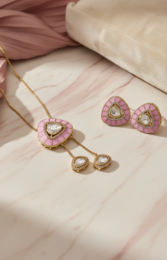 Pink enamel Lariat necklace & earring set