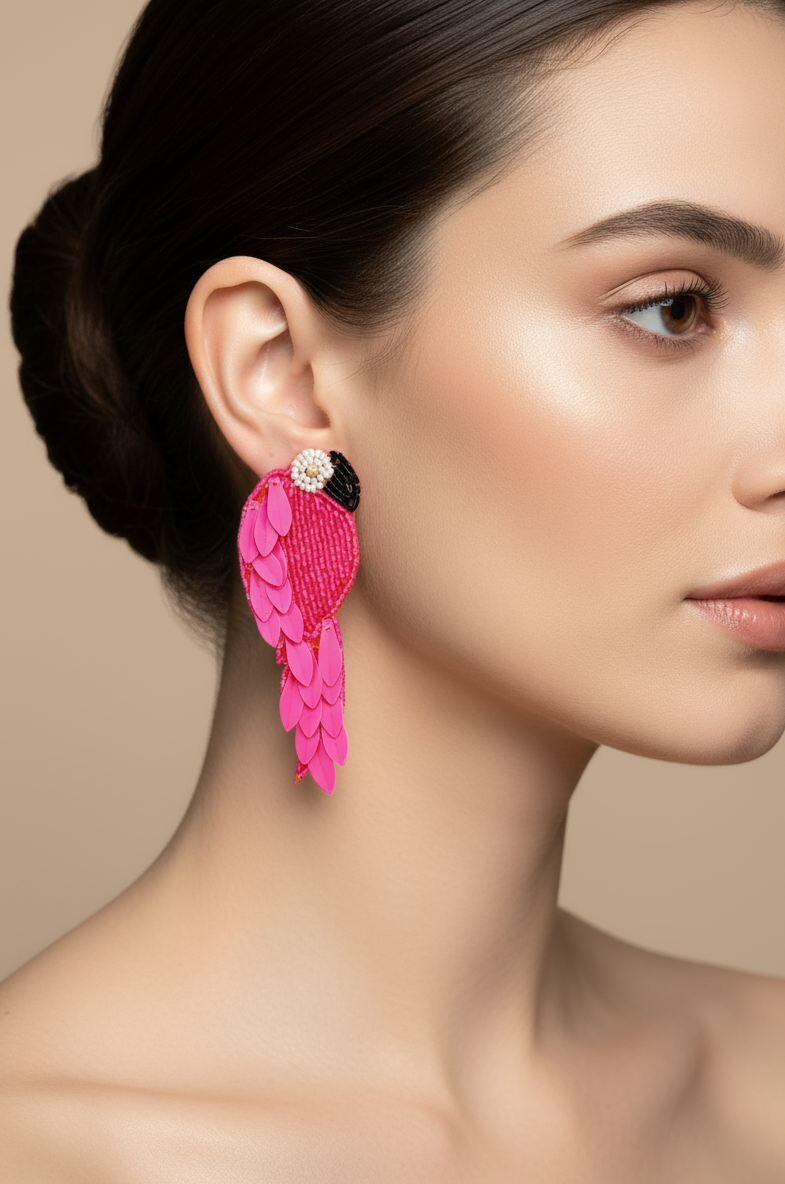 Pink Parrot Beaded & Sequined Drop Earrings