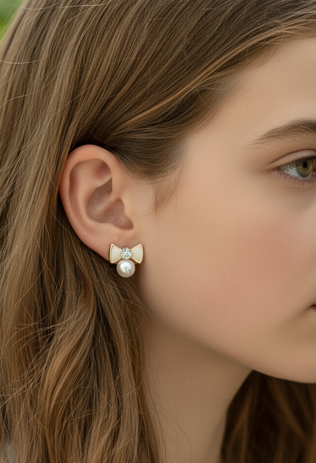 Enamelled Bow with a diamond  & pearl mini studs