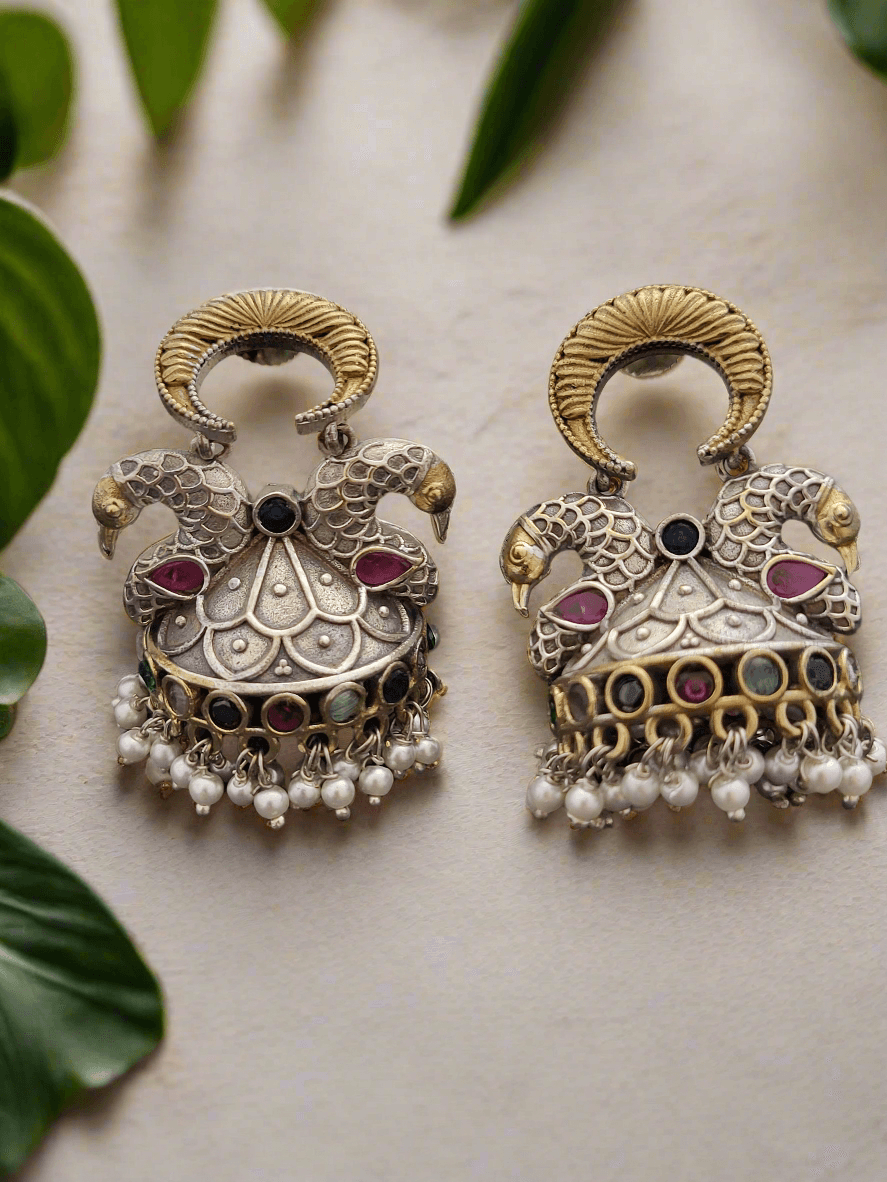 Peacock motif Jhumkha earrings - Mirae 