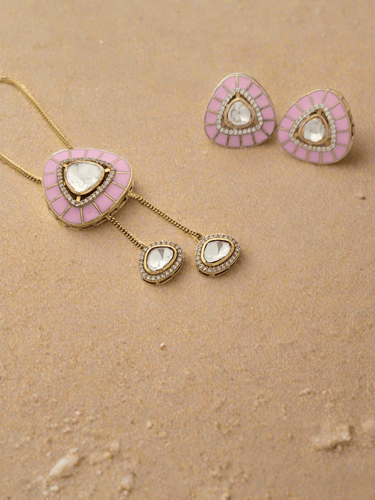 Pink enamel Lariat necklace & earring set - Mirae 