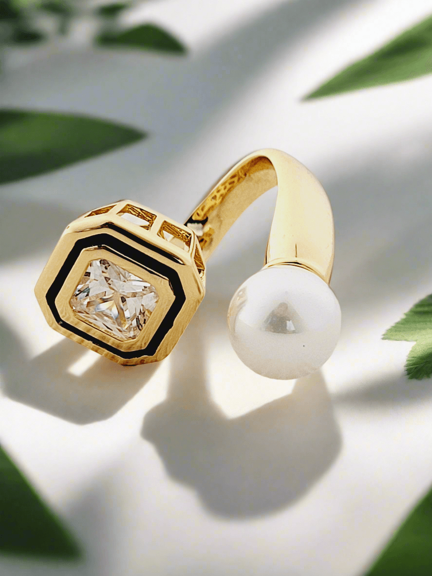 Geometric Crystal & Pearl Open Ring - Mirae 