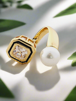 Geometric Crystal & Pearl Open Ring