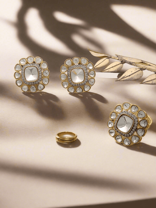 REGAL MOISSANITE & KUNDAN CRYSTAL RING AND STUD COMBO - Mirae 