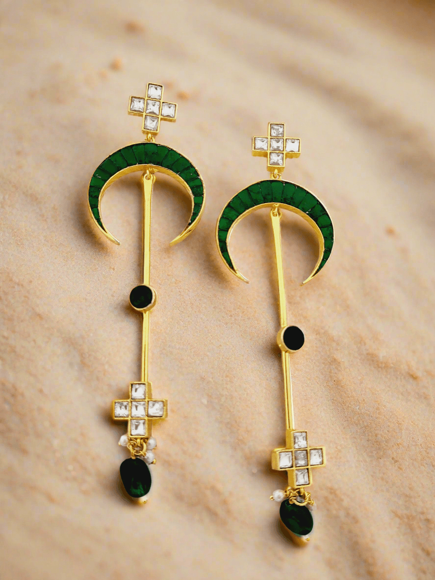 Emerald Crescent & Crystal Drop Earrings - Mirae 