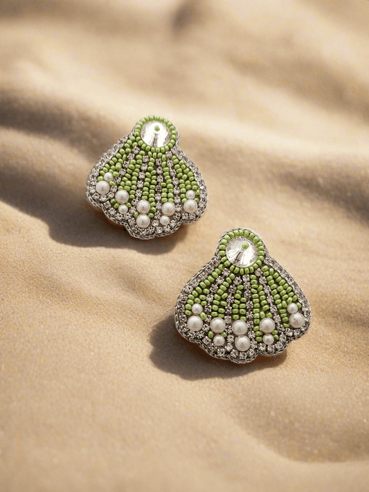 Seashell Beaded Stud Earrings with Pearls and Crystal Accents - Mirae 