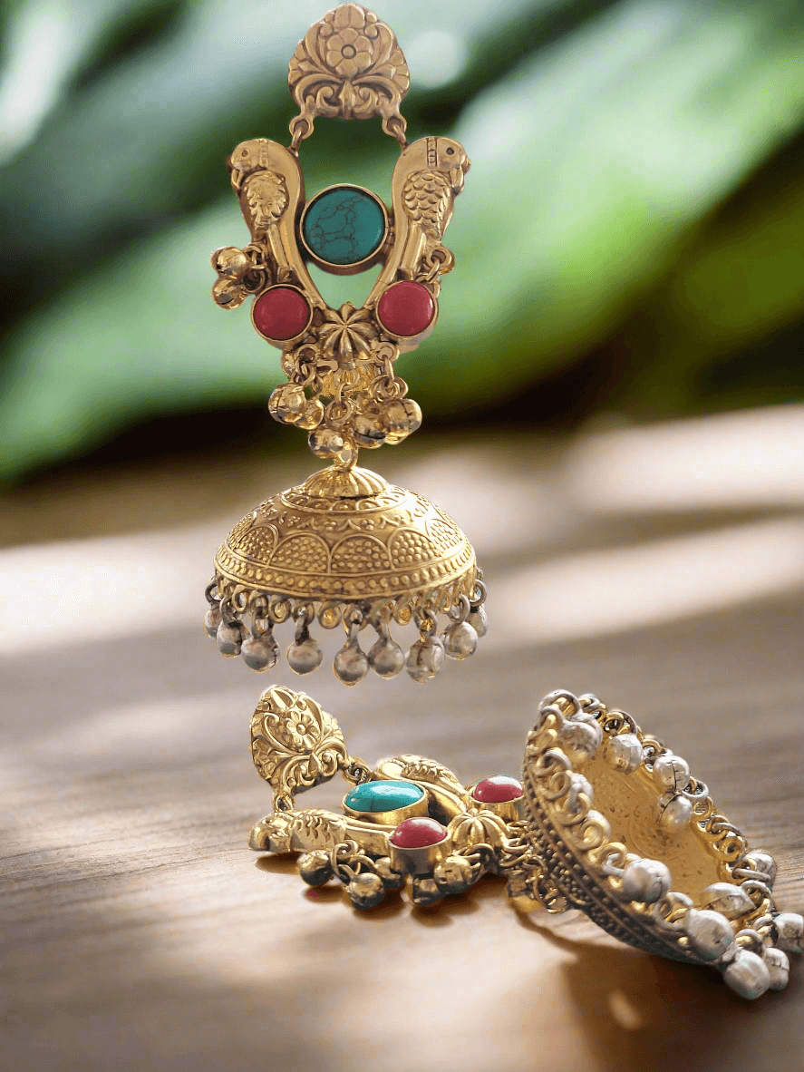 Gold-Toned Parrot Jhumka Earrings. - Mirae 
