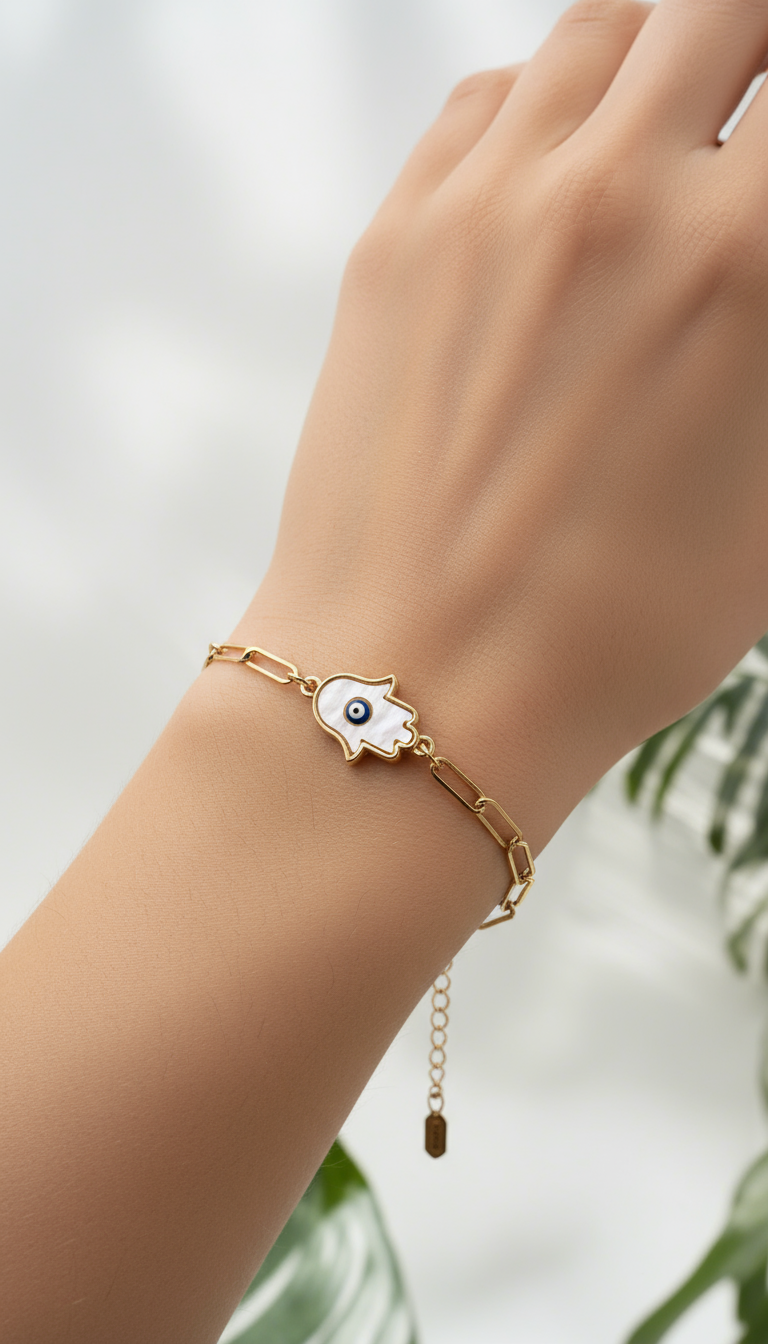 Anti tarnish Hamsa hand evil eye bracelet in gold finish