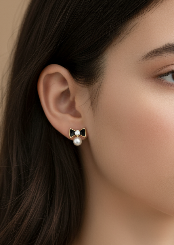 Enamelled Bow with a diamond  & pearl mini studs