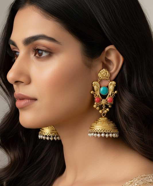 Gold-Toned Parrot Jhumka Earrings.