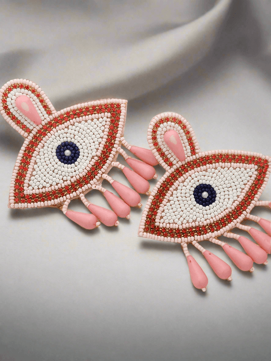 Pastel Pink Evil Eye Beaded Dangle Earrings - Mirae 
