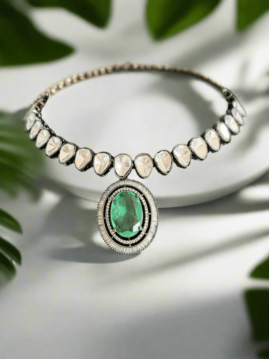 BLACK POLISH KUNDAN AND DIAMOND CHOKER SET WITH GREEN STONE - Mirae 