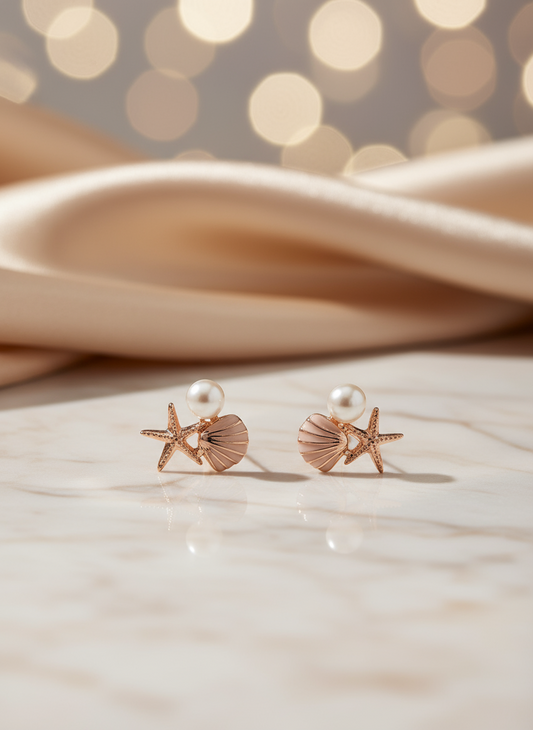Seashell, Starfish, and Pearl Mini Stud Earrings.