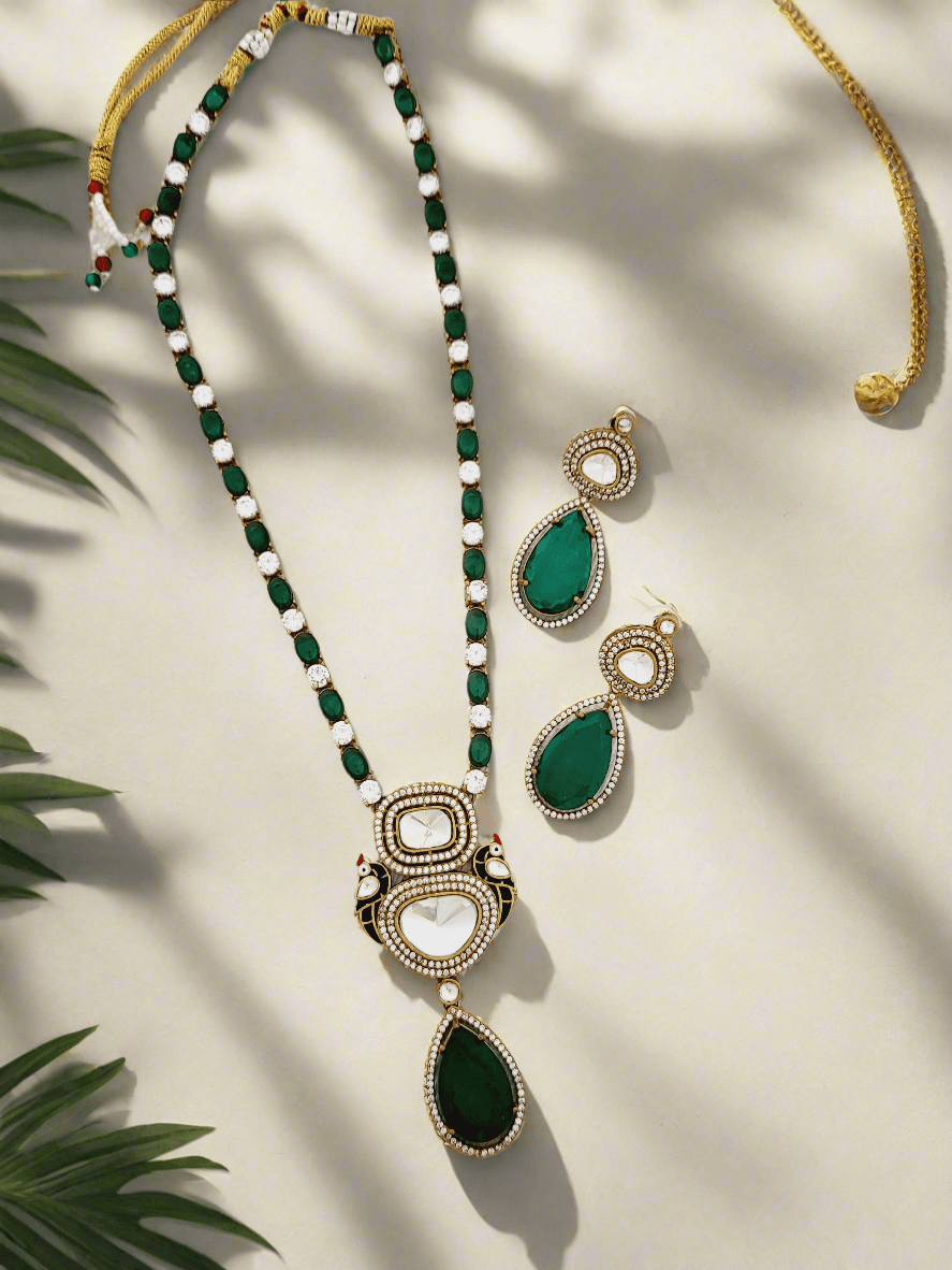 Regal Polki and Emerald Necklace Set - Statement Elegance - Mirae 