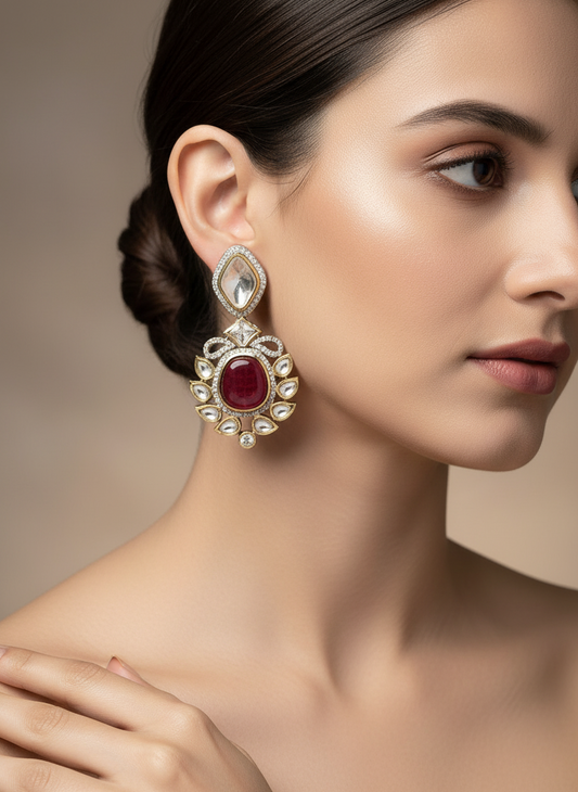 ANTIQUE GOLD PLATED WITH RED CRYSTAL STUDDED DROP EARRINGS
