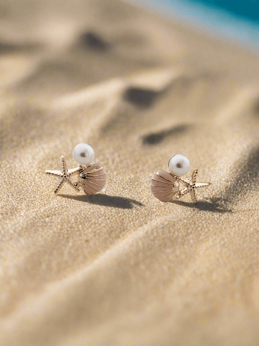 Seashell, Starfish, and Pearl Mini Stud Earrings. - Mirae 