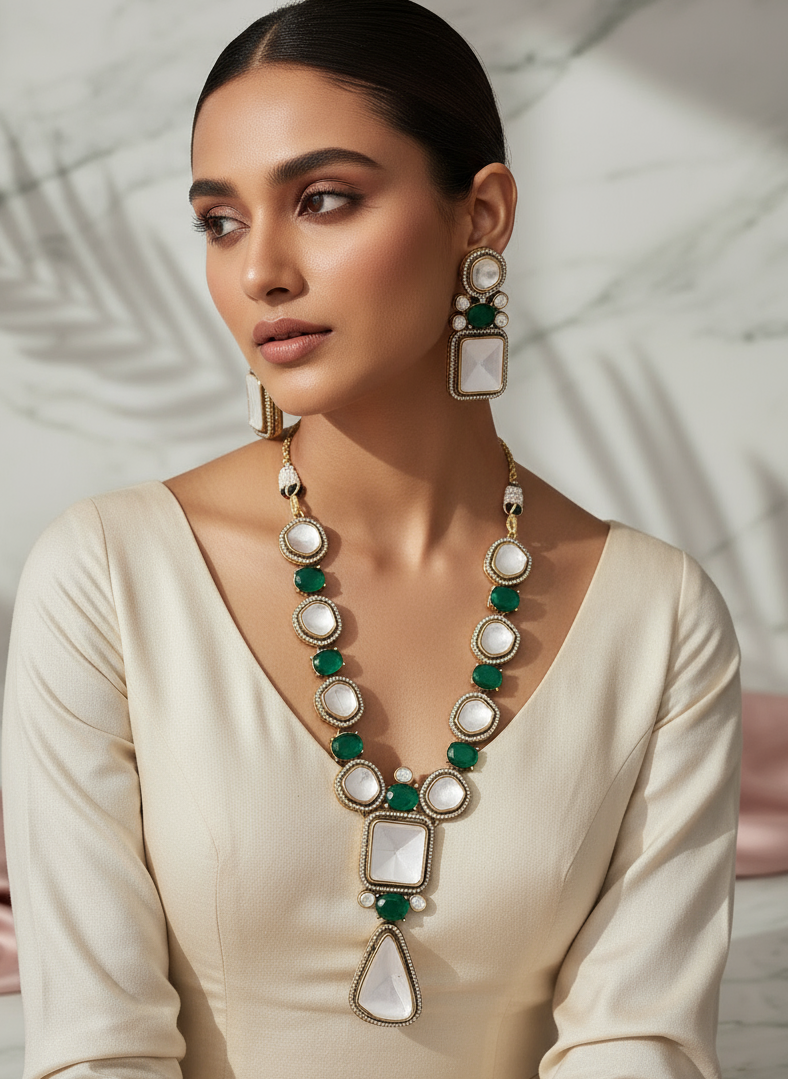 GOLD PLATED ROYAL MOISSANITE & GREEN STONE NECKLACE SET