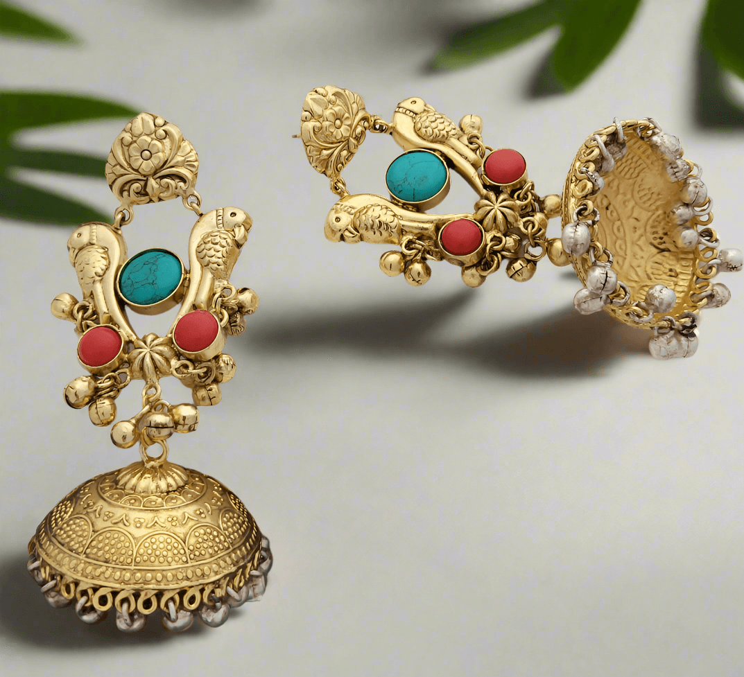 Gold-Toned Parrot Jhumka Earrings. - Mirae 