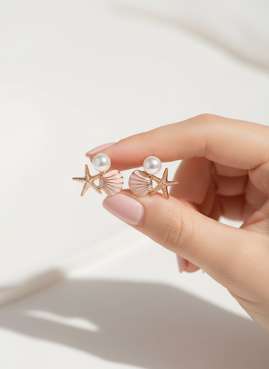 Seashell, Starfish, and Pearl Mini Stud Earrings.