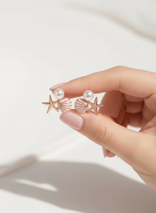 Seashell, Starfish, and Pearl Mini Stud Earrings.