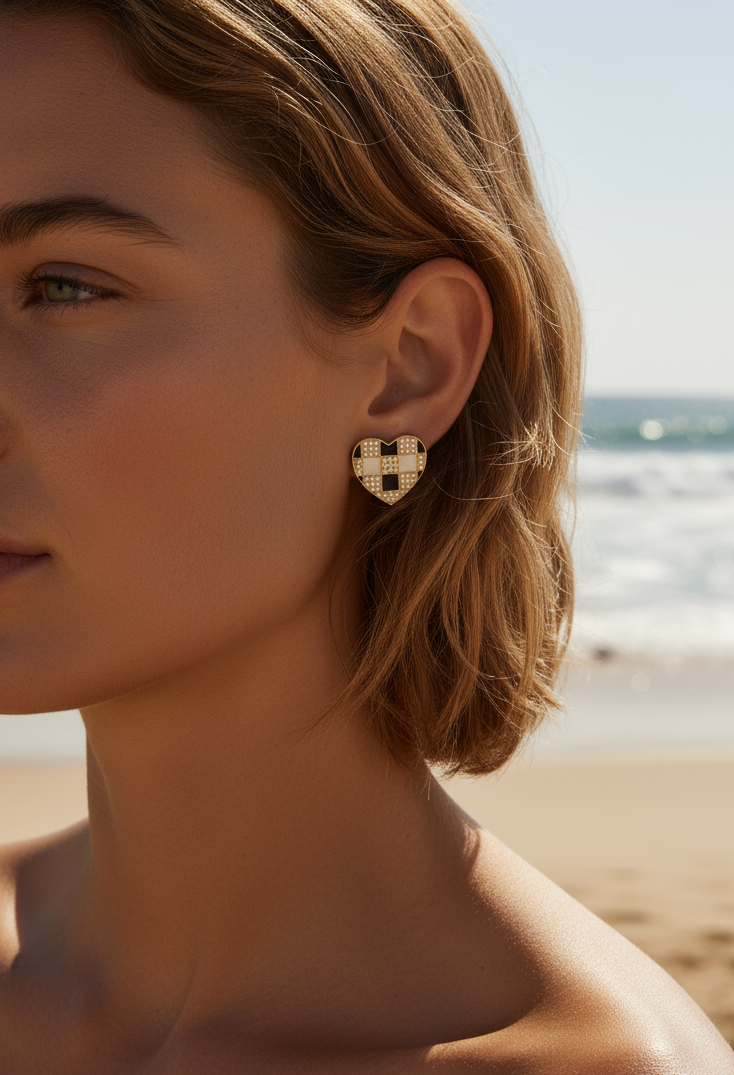 Chic Checkerboard Heart Stud Earrings – Black, White & Pearl Detailing