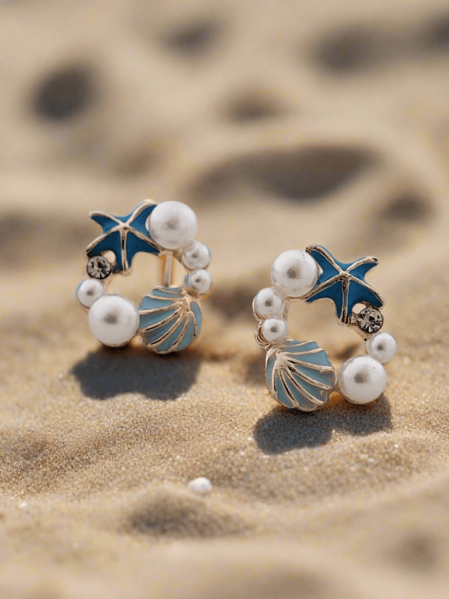 Seashell and Starfish Circle Stud Earrings - Mirae 