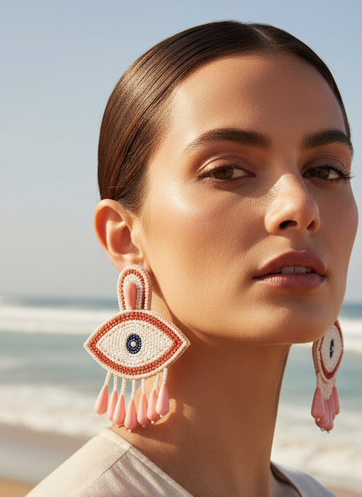 Pastel Pink Evil Eye Beaded Dangle Earrings