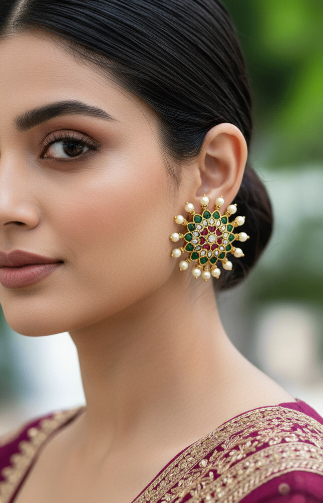 Polki-Style Floral Pearl Stud Earrings