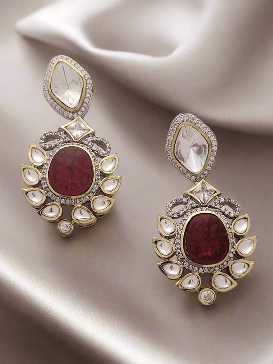 ANTIQUE GOLD PLATED WITH RED CRYSTAL STUDDED DROP EARRINGS - Mirae 