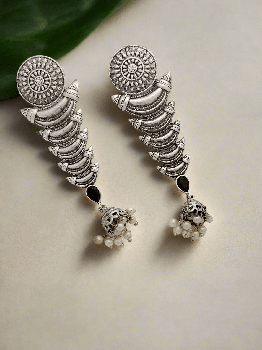 Temple Motif oxidized earrings with black stone & pearl - Mirae 