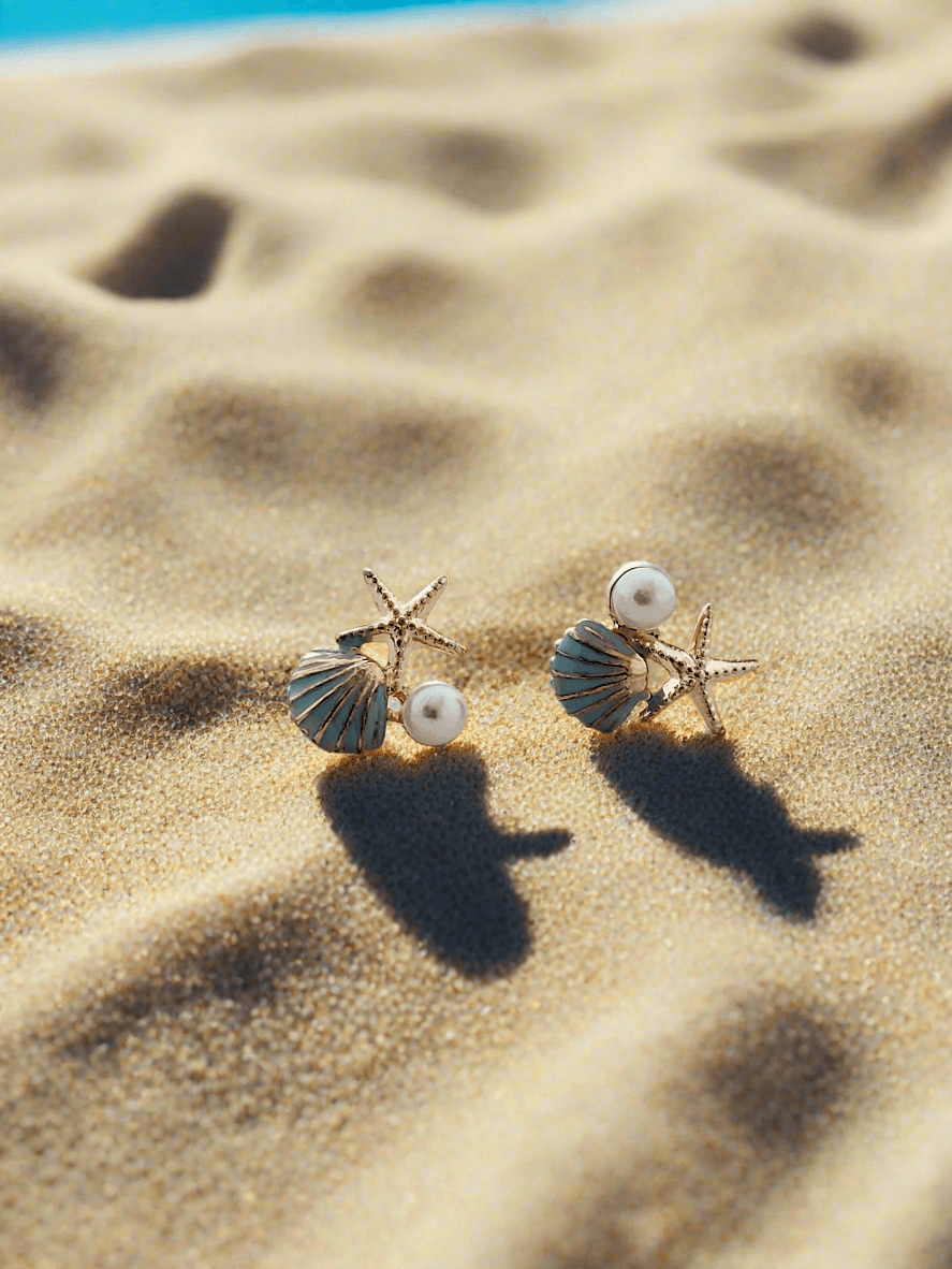 Seashell, Starfish, and Pearl Mini Stud Earrings. - Mirae 