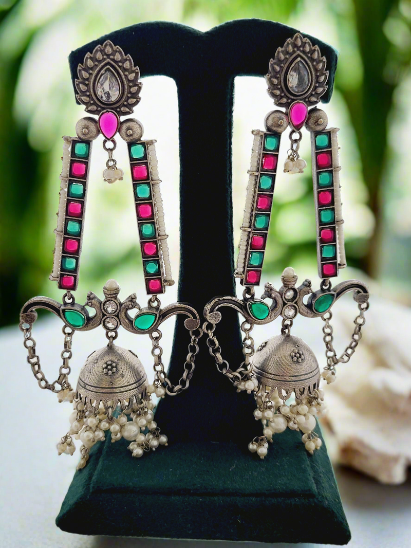 Oxidized Silver Jhumka Earrings with Enamel and Pearl Drops